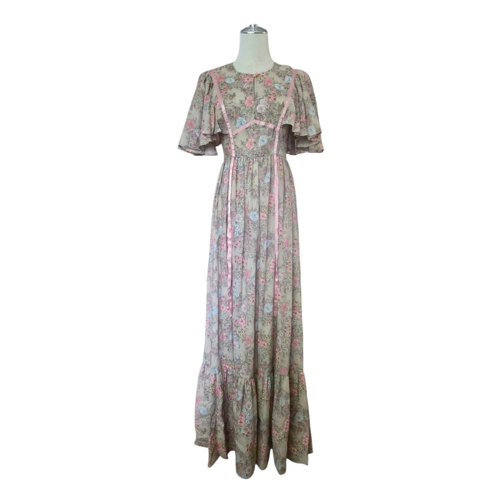 Vintage 70s Prairie Maxi Dress Floral Cottagecore Flutter Sleeve Boho Festival